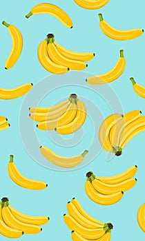 Banana seamless pattern, Bunch of ripe bananas on a blue background.