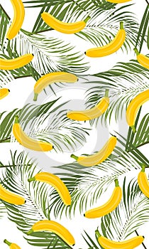 Banana seamless pattern with palm leaves on white background. Tropical fruit and botanical