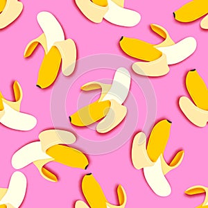 Banana seamless pattern in paper cut style. Origami yelllow tropical fruit on pink.