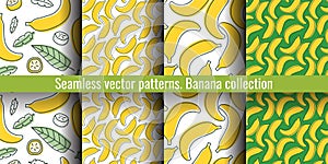 Banana seamless pattern set. Juicy fruit collection. Hand drawn color vector sketch background. Colorful doodle wallpaper. Summer