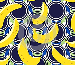 Banana seamless pattern. Yellow banana fruits on abstract