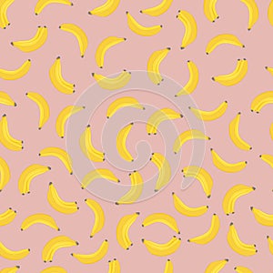 Banana seamless pattern. Yellow bananas on pink background.