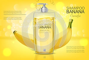 Banana shampoo Vector realistic mock up. Yellow bottle cosmetics. Product placement label design. Detailed 3d
