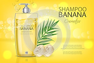 Banana shampoo Vector realistic mock up. Yellow bottle cosmetics. Product placement label design. Detailed 3d