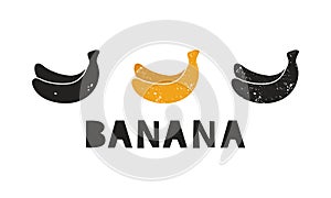 Banana, silhouette icons set with lettering. Imitation of stamp, print with scuffs. Simple black shape and color vector