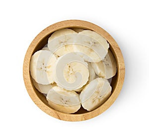 Banana slice in wood bowl isolated on white background