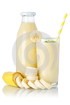 Banana smoothie fruit juice drink milkshake milk shake glass and bottle isolated on white