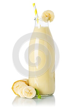 Banana smoothie fruit juice drink straw milkshake milk shake in a bottle isolated on white
