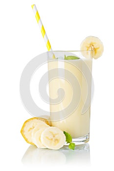 Banana smoothie fruit juice drink straw milkshake milk shake in a glass isolated on white