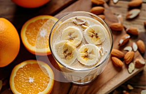 banana smoothie with sliced almonds, banana slices and orange slices