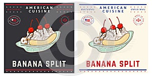 Banana split American ice cream dessert vintage illustration