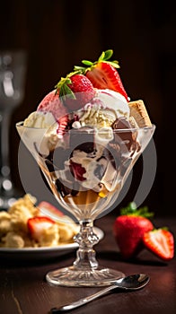Banana split chocolate ice cream, vanilla ice cream , strawberry ice cream in a long clear glass dish with gooey fudge