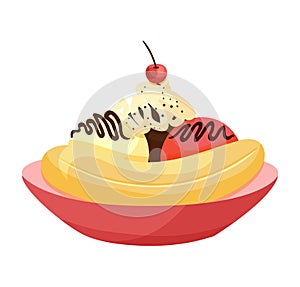 Banana split dessert in bowl with cherry on top. Cartoon ice cream with chocolate sauce. Delicious sweet treat vector