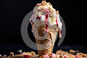 banana split ice cream in a cone under natural light