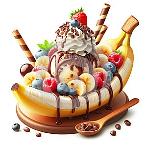 Banana split ice cream. Sweet food. AI generated