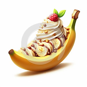 Banana split ice cream. Sweet food. AI generated