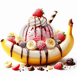 Banana split ice cream. Sweet food. AI generated