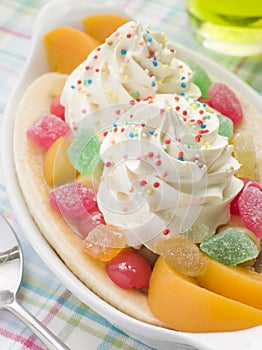 Banana Split with Peaches and Whippy Ice Cream