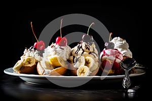Banana split piled high with ice cream, sliced bananas, whipped cream, chocolate syrup.. AI generated