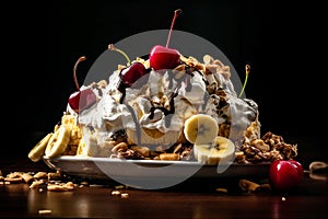 Banana split piled high with ice cream, sliced bananas, whipped cream, chocolate syrup.. AI generated