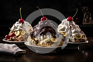 Banana split piled high with ice cream, sliced bananas, whipped cream, chocolate syrup.. AI generated