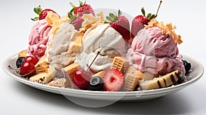 Banana Split Sundae Ice Cream in a Bowl with Strawberry Vanilla Ice Cream Scoops Selective Focus Background