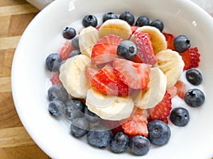 Banana Strawberry Blueberry Yogurt in White Bowl