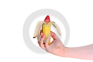 Banana and strawberry in hand