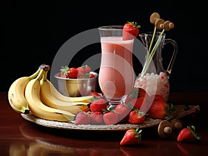 banana and strawberry juice elegantly served on the table