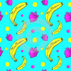 Banana strawberry seamless pattern. Bright, contrasting combinations of pink,yellow and turquoise.