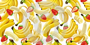 Banana and strawberry seamless pattern, falling bananas and strawberries isolated on white background with clipping path