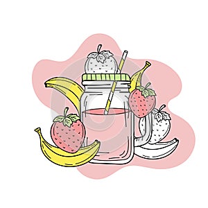 Banana and strawberry smoothie or lemonade in glass jar. Fresh summer drink