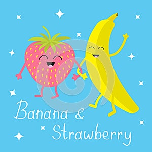 Banana and strawberry. Sparkles on blue. Happy fruit set. Smiling face. Cartoon smiling character with eyes. Friends forever. Baby