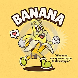 Banana Trendy Retro Cartoon Vector Hand Drawn 3