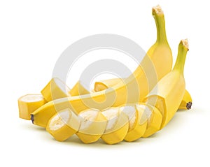 Banana whole and cut unpeeled on white background