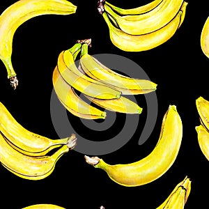 Bananas on black background. Seamless pattern. Watercolor illustration. Tropical fruit. Handwork