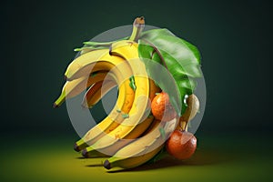 Bananas and coconuts on green background. 3d illustration