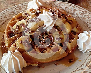 Bananas Foster Belgium Waffle with Whipped Cream