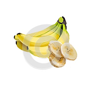 Bananas isolated on white background. Slices of yellow banana. Banana is an edible fruit, botanically a berry. Fiber