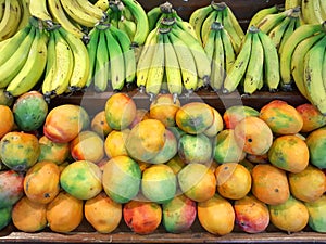 Bananas and mango for sale on farmers market