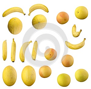 Bananas and oranges and lemons and Galia and yellow melons and white and red grapefruit SET