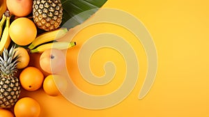 Bananas, oranges and pineapples on a yellow background