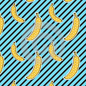 Bananas pattern on stripes background. Seamless Pattern. Pop art color. Print texture. Fabric design.