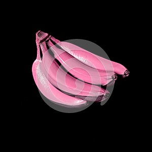 Bananas in pink paint on a black background. Surreal minimal art