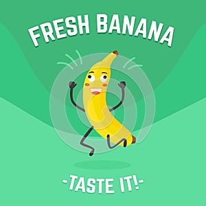 Bananas poster. Positive crazy banana character on advertising placard or card. Tropical fruit market, healthy vegan