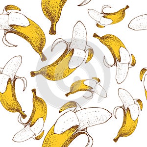 Bananas seamless pattern. Hand drawn sketch style ripe tropic fruits vector illustration. Ideal for party designs, fruit markets