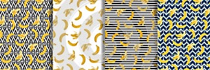 Bananas seamless patterns set with ethnic and srtipe backgrounds