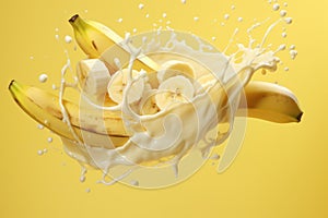 Bananas and slices tumbling into creamy milk splash on a sunny yellow background