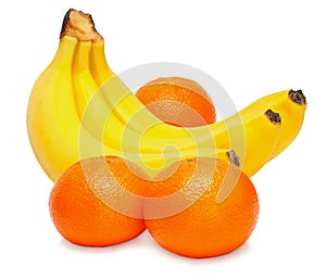 Bananas and tangerines isolated on white background