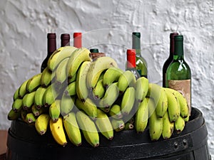Bananas and wine bottles.